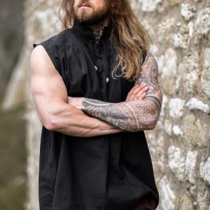 Chemise sans manches à col droit et lacets "Louis" Noir