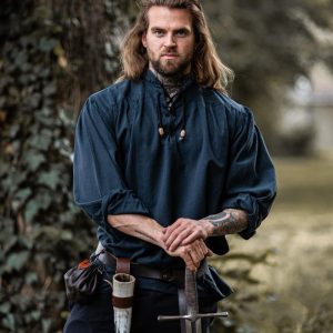 Chemise mouchetée à col droit et lacets "Georg" Bleu